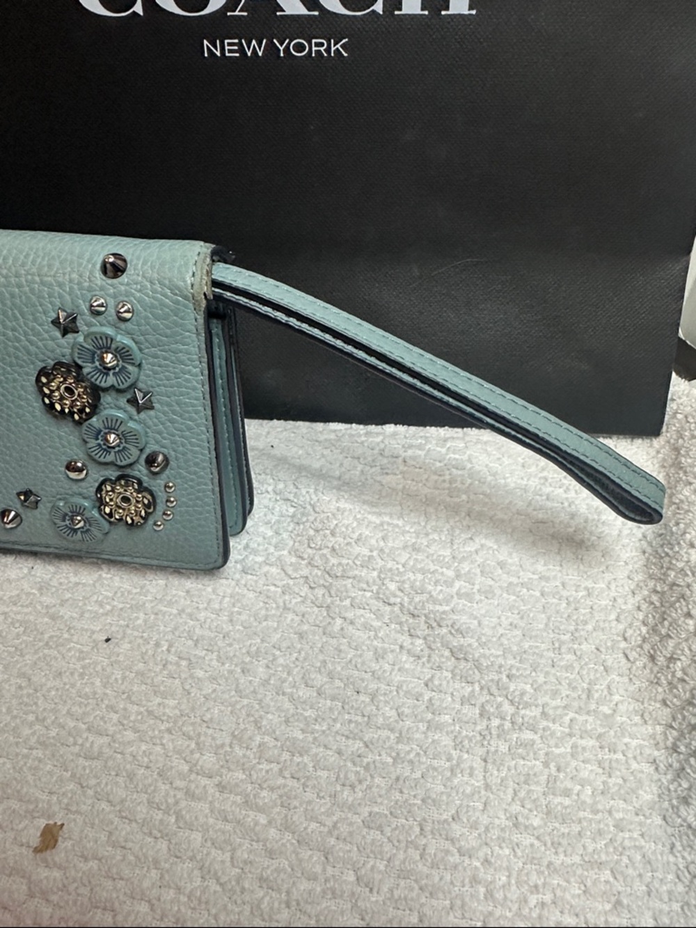 Coach Tea Rose Floral Studded Leather Wallet - Aqua Blue - Picture 8 of 16